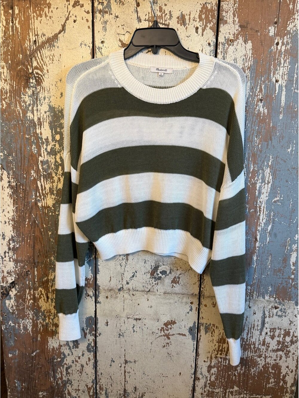 Madewell Loose-Knight Crewneck Sweater Green White Stripes Womens size Medium
